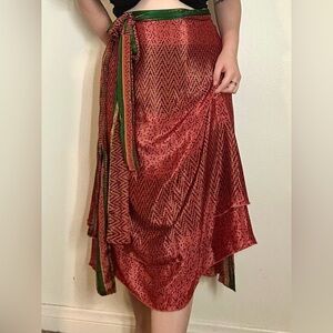 Red and green silk wrap midi skirt